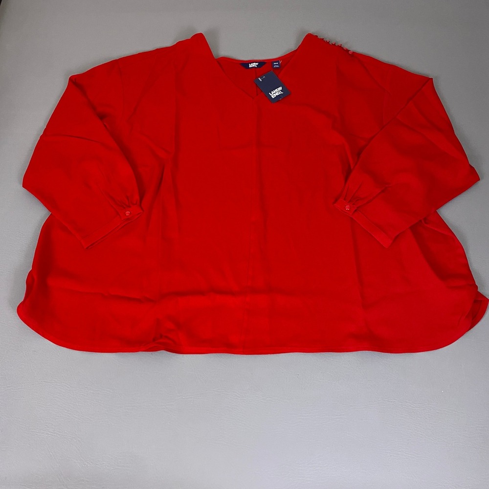 Lands End Tunic Blouse Womens 32W Red V-Neck Long Sleeve Shoulder Accents NEW